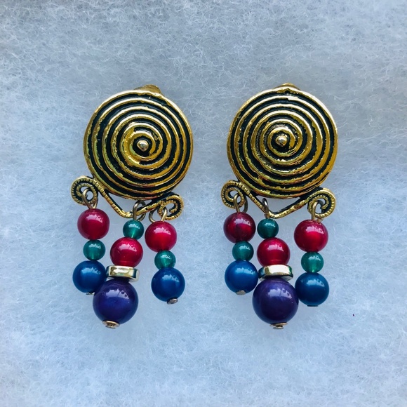 Vintage Gold Spiral Beaded Clip-On Earrings - Picture 3 of 5